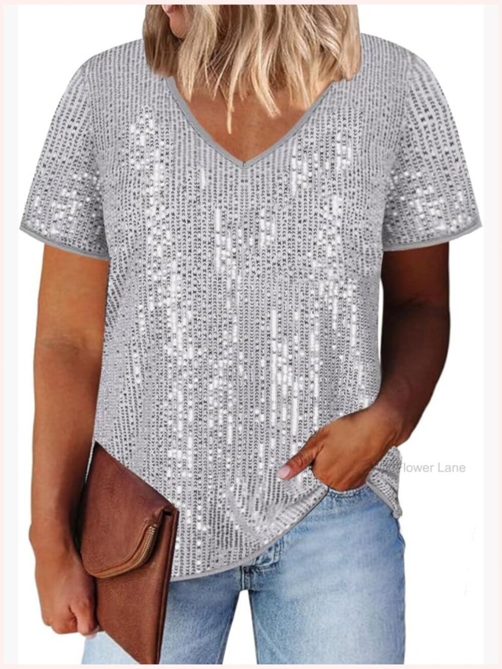 Plus Size Sequin V Neck Blouse Short Sleeve Party Top Shimmer Shirt Oversize
